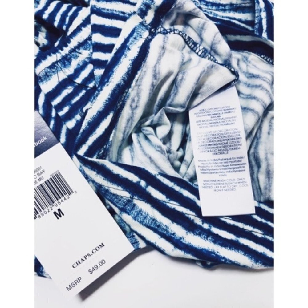 Chaps Womens Blue White Striped Lace Up Elbow Sleeve Peasant Blouse Sz M New - Picture 4 of 6
